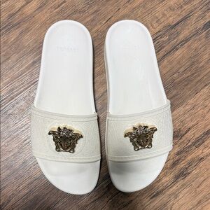 Versace Women's Cream Slippers with Gold Medusa